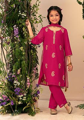 Hot Pink Embroidered Kurta With Pants And Dupatta (Set of 3)