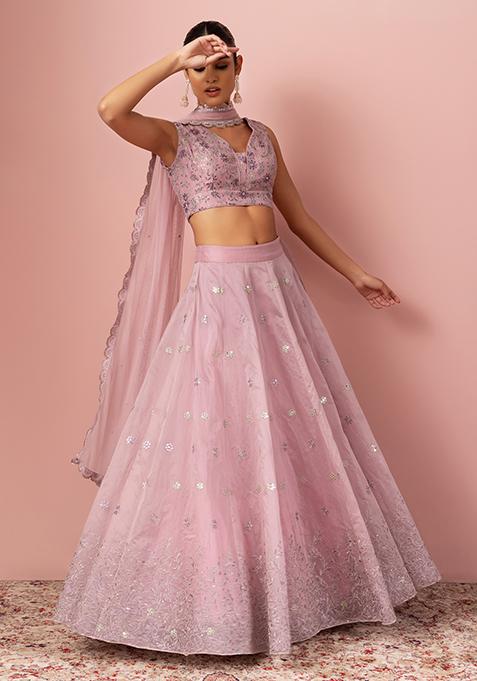 Blush Floral Thread Embroidered Lehenga Set With Embroidered Blouse And Dupatta 