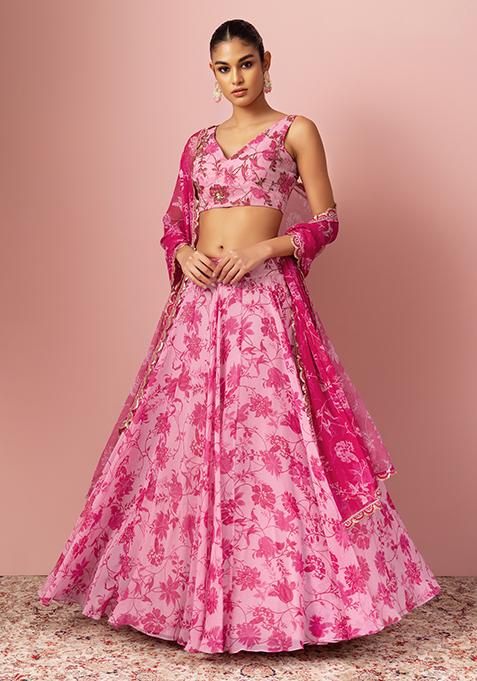 Pink Floral Print Lehenga Set With Embroidered Blouse And Dupatta