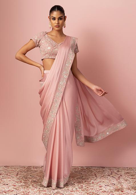 Blush Zari Embroidered Pre-Stitched Saree Set With Blouse