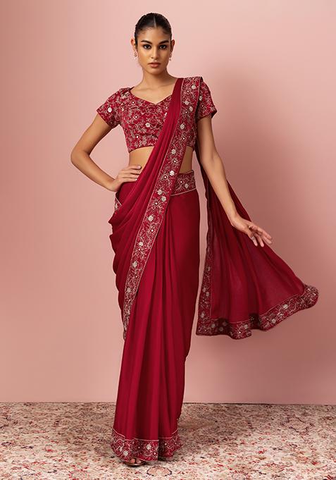 Red Sequin Thread Embroidered Pre-Stitched Saree Set With Blouse