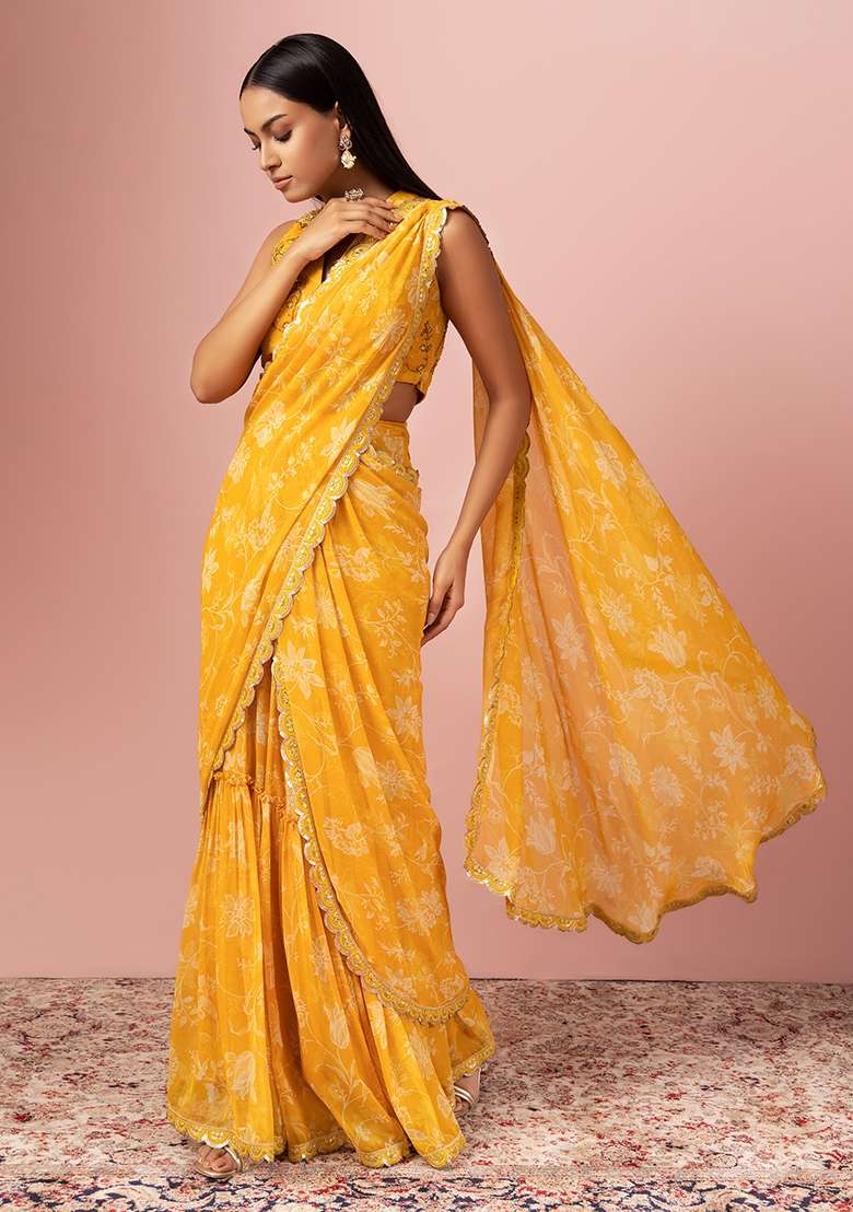 Buy Women Yellow Floral Print Pre-Stitched Saree Set With Embroidered ...