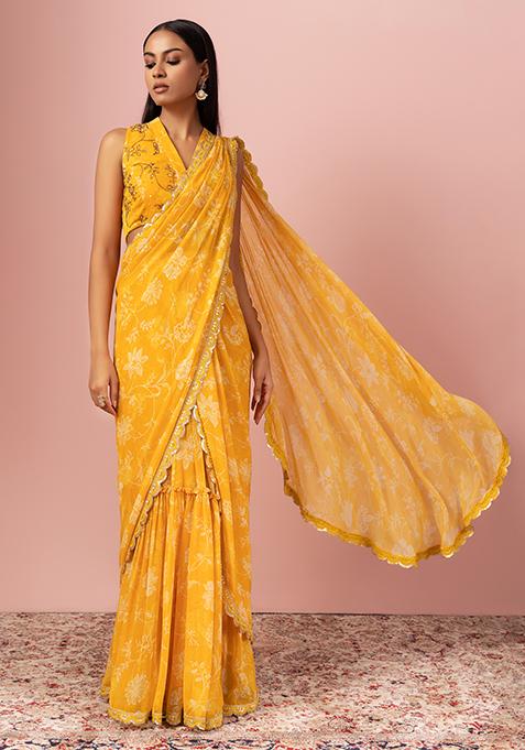 Yellow Floral Print Pre-Stitched Saree Set With Embroidered Blouse
