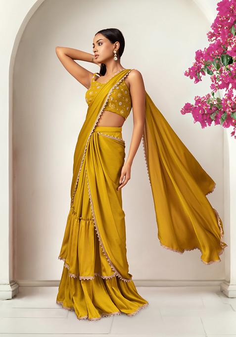 Mustard Tiered Pre-Stitched Saree Set With Embroidered Blouse
