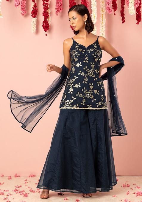 Navy Blue Sharara Set With Floral Sequin Embroidered Kurta And Dupatta