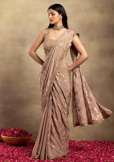 Blush Floral Embroidered Pre-Stitched Saree Set With Embroidered Blouse