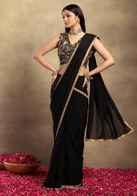 Black Pre-Stitched Saree Set With Hand Embroidered Blouse