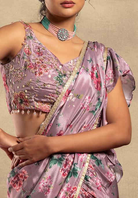 Ruffled Pre-Stitched Ombre Saree with Frills and Black Sequin Blouse main image 1
