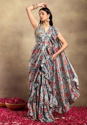 Sage Green Floral Print Ruffled Pre-Stitched Saree Set With Embroidered Blouse
