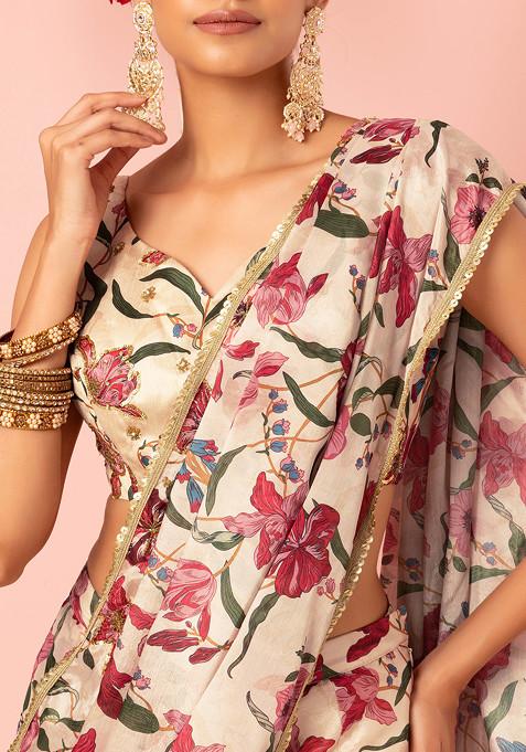Graceful Embroidered Saree with Printed Blouse Dual-Tone Floral Elegance - Buy