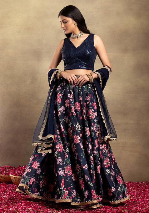 Navy Blue Floral Print Silk Lehenga Set With Embroidered Blouse And Dupatta