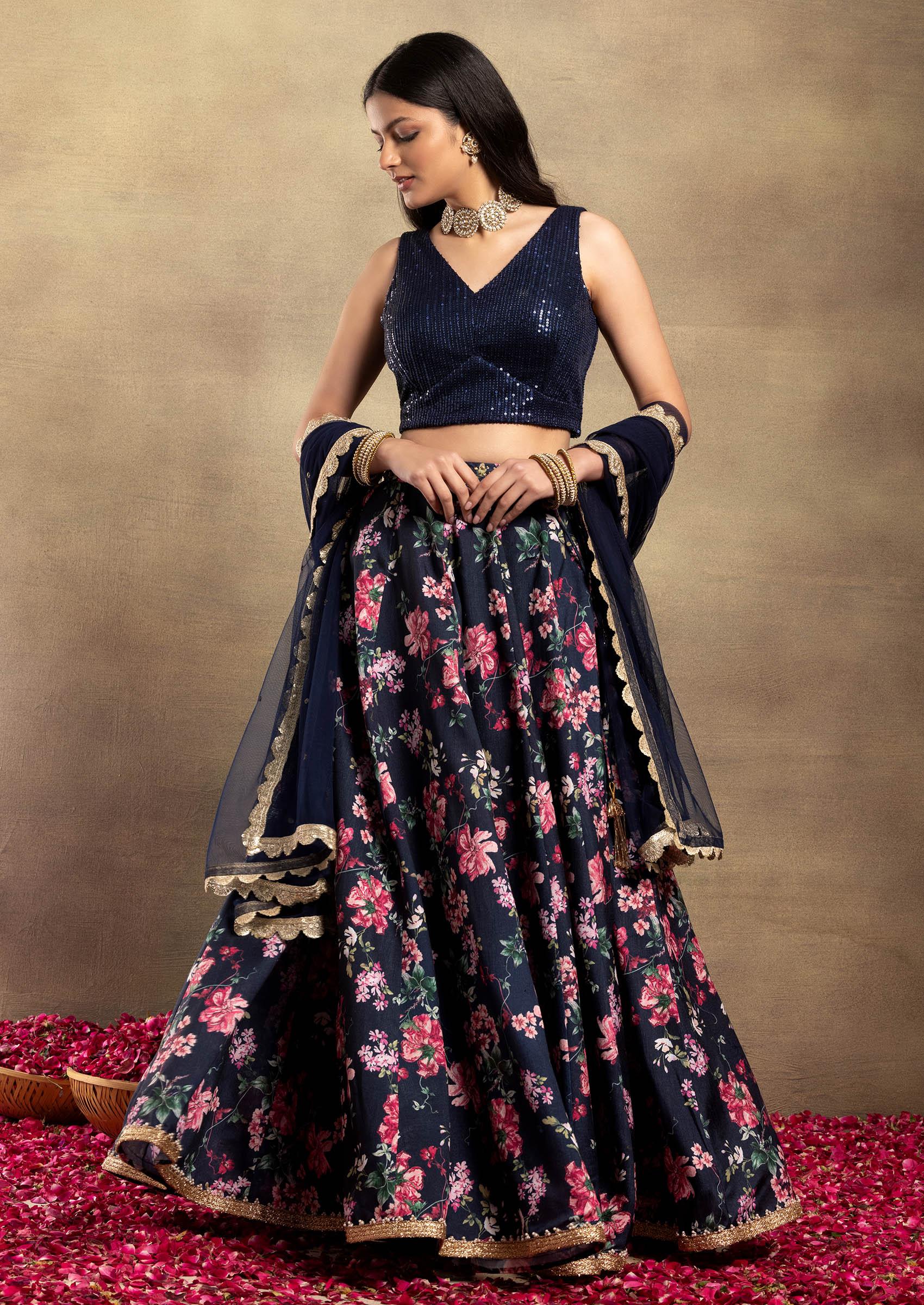 Rashika Sharma's Dark Blue Chiffon Printed Jahaan Lehenga set - Rent