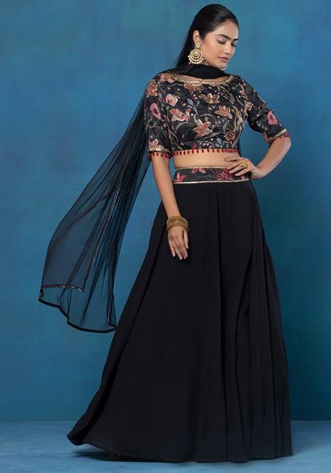 Black Lehenga Set With Floral Embroidered Blouse And Mesh Dupatta