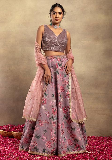 Dull Pink Floral Print Lehenga Set With Hand Embroidered Blouse And Dupatta