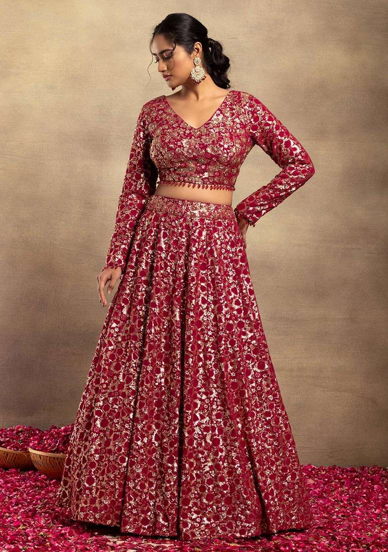 Hot Pink Heavy Embroidered Lehenga Set With Embroidered Blouse And Dupatta - Indya