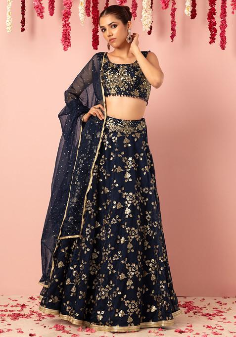 Navy Blue Floral Embroidered Organza Lehenga Set With Blouse And Dupatta