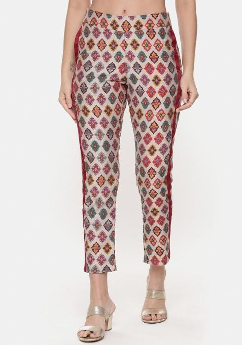 Red And Blue And Printed Silk Pant