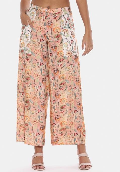 Pink And Ivory And Aqua Printed Muslin Pant