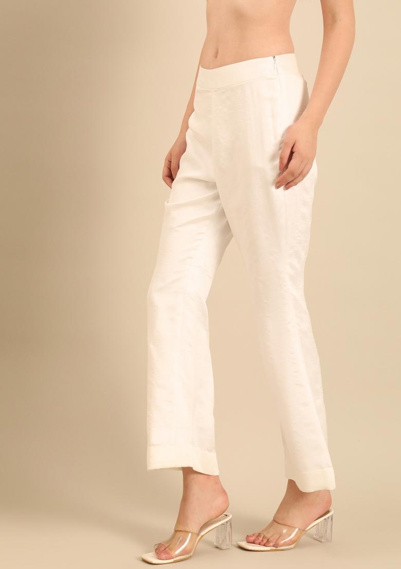 Ivory Solid Silk Pant - Indya