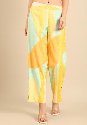 Yellow And Aqua Printed Muslin Pant