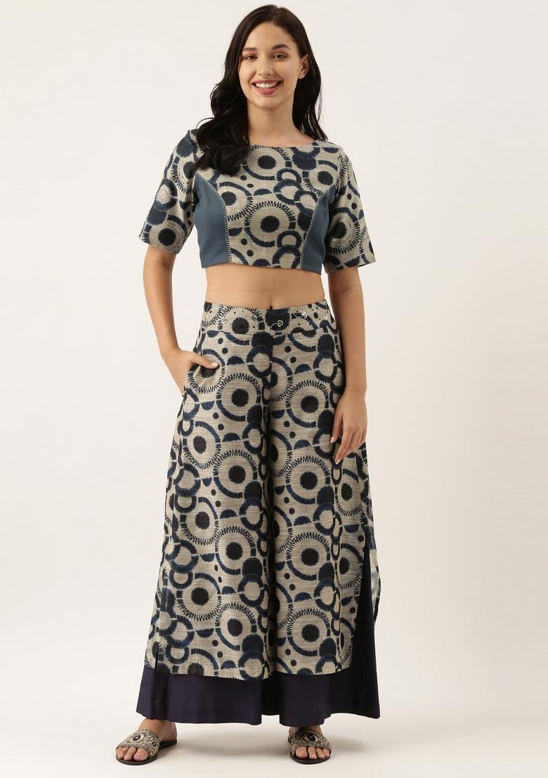 Blue Printed Chanderi Pant - Indya