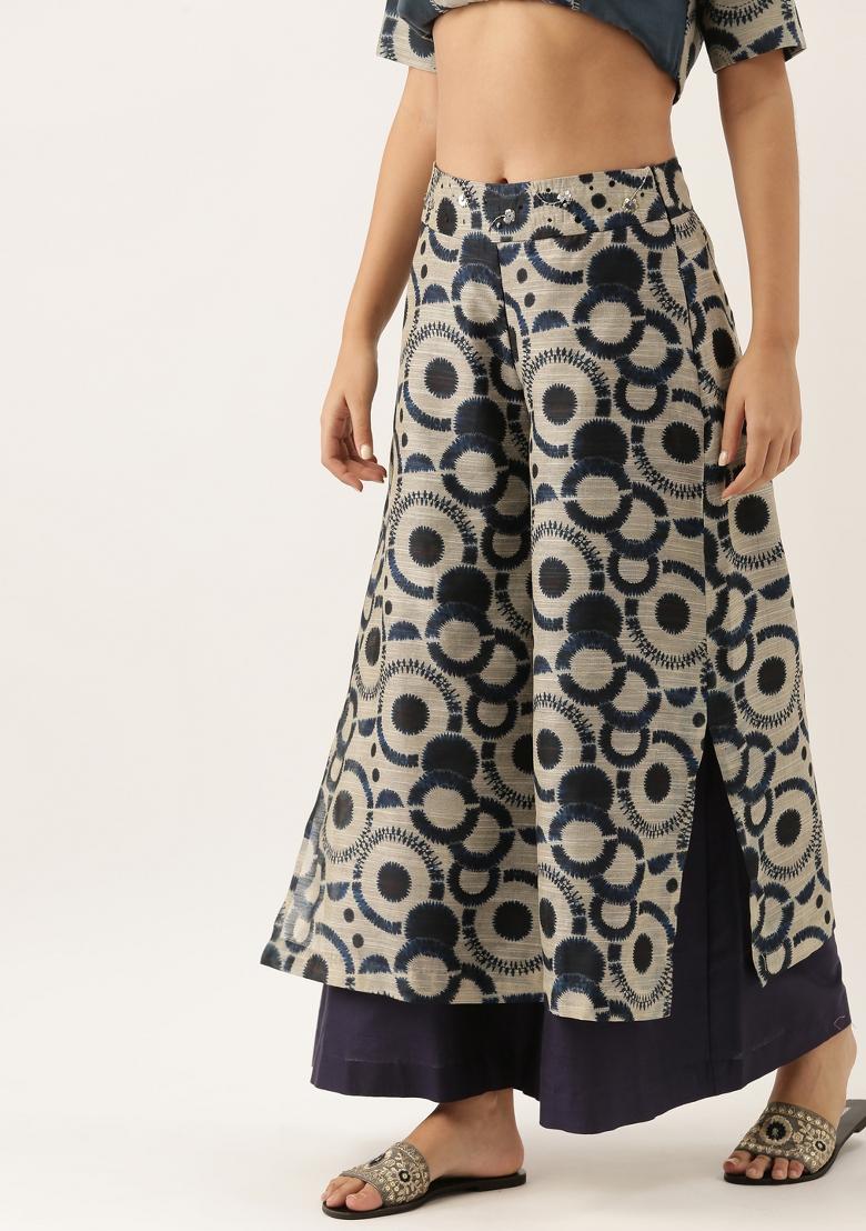 Blue Printed Chanderi Pant - Indya