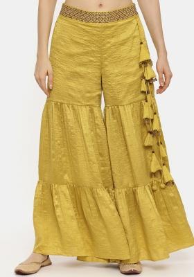 Yellow Solid Silk Pant