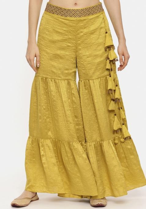 Yellow Solid Silk Pant