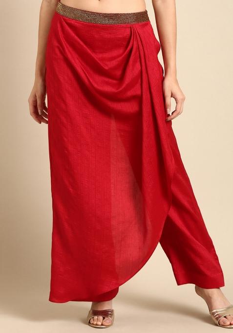 Red Solid Silk Pant