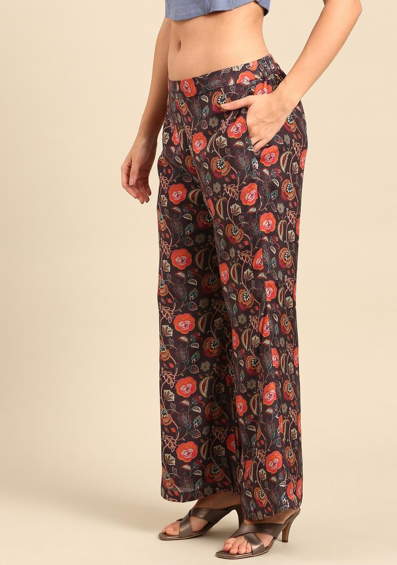 Brown And Black Printed Muslin Pant - Indya