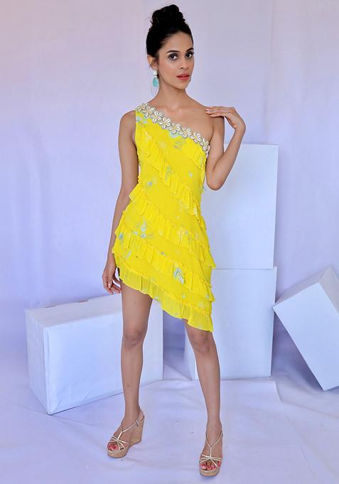 Yellow Paisley Print Embroidered One Shoulder Ruffled Dress