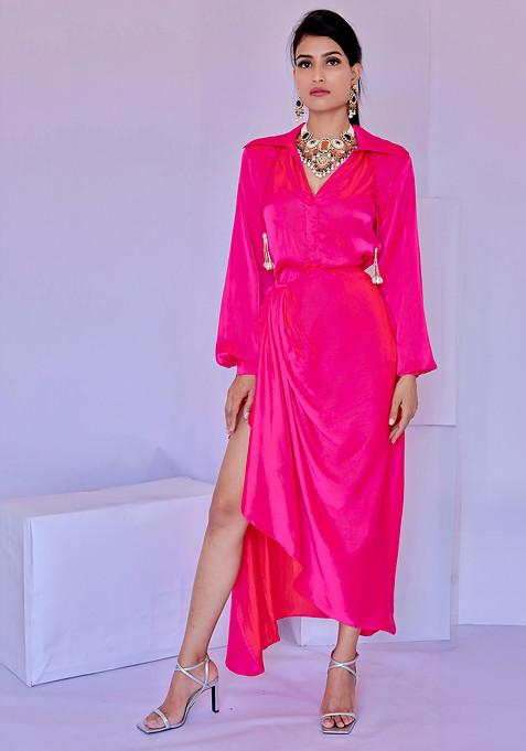 Pink Solid Wrap Dress