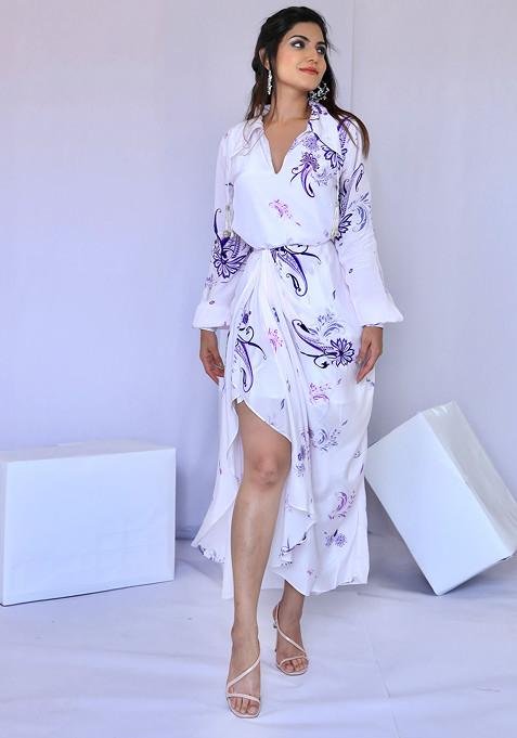 White And Purple Paisley Print Wrap Dress