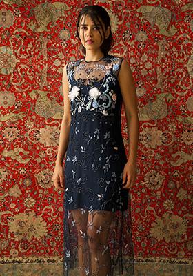 Blue Crystal Embroidered Bamboo Silk Dress Set