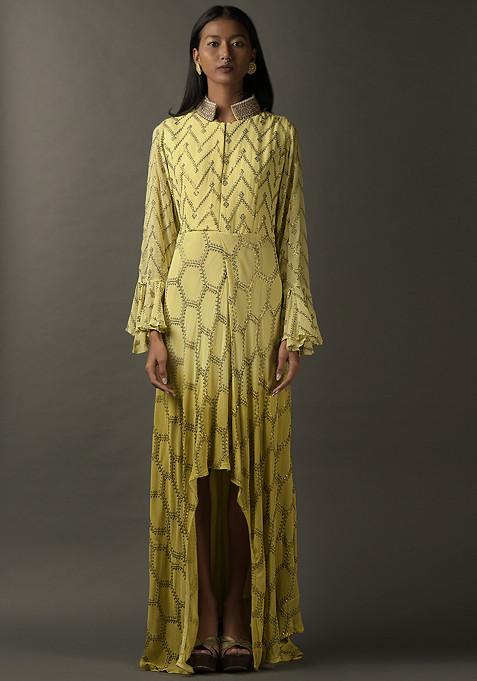 Light Yellow Sequin Embroidered Evening Dress