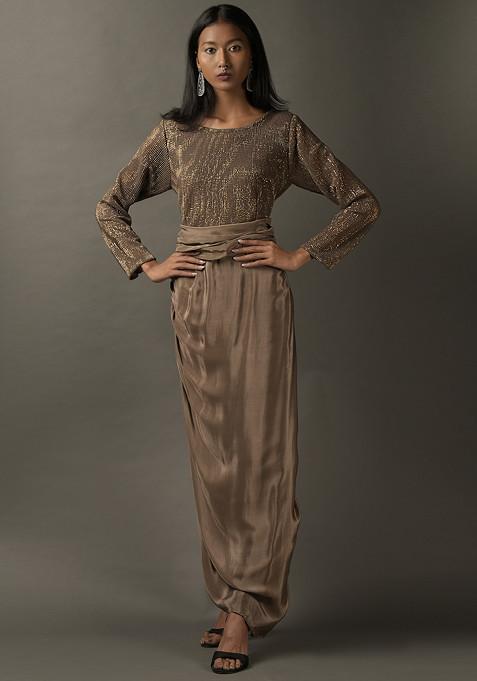 Beige Sequin Embroidered Satin Dress
