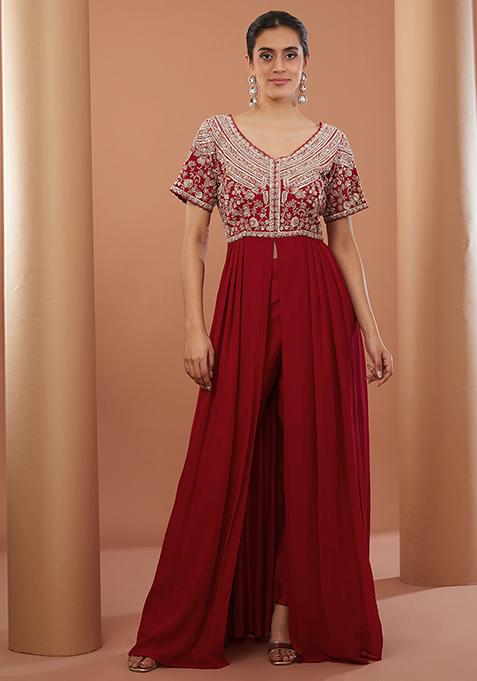 Red Bead Embroidered Georgette Dress Set