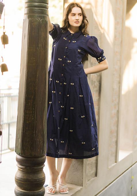 Blue Embroidered Handwoven Malai Chanderi Dress