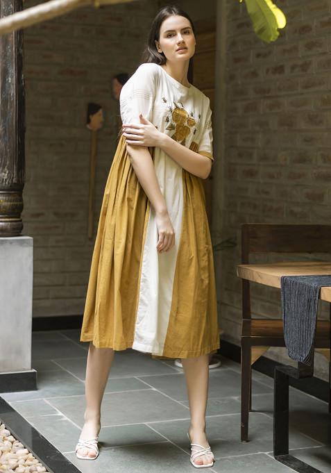 Ivory And Honey Embroidered Handwoven Cotton Dress