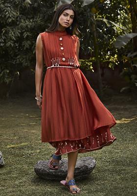 Rust Thread Embroidered Handwoven Cotton Silk Dress