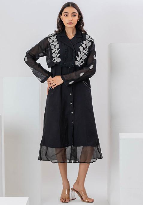 Black Applique Embroidered Chanderi Dress