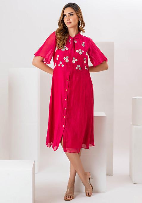 Pink Floral Applique Embroidered Chanderi Dress