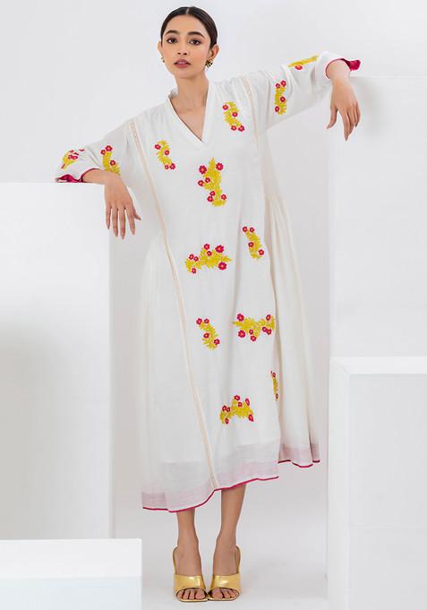 White Applique Embroidered Cotton Silk Dress