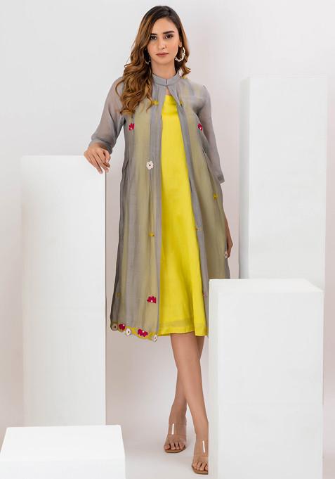 Yellow Applique Embroidered Malai Chanderi Dress