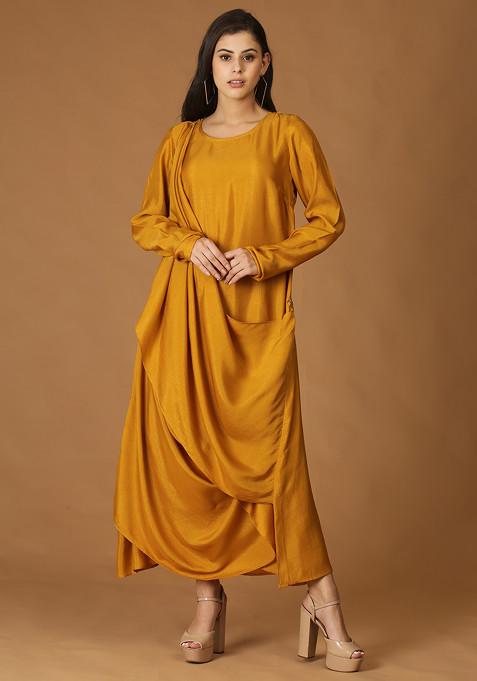 Mustard Festive Embroidered Silk Dress
