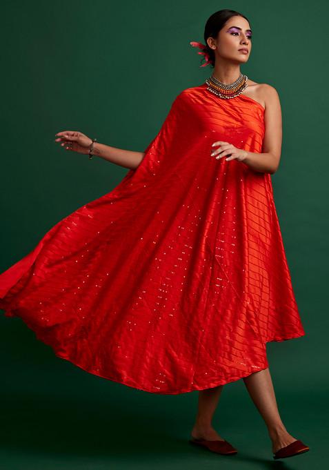 Orange Handcrafted Sequin Silk Satin Dress