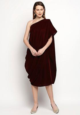 Maroon Embellished Velvet Short Dress