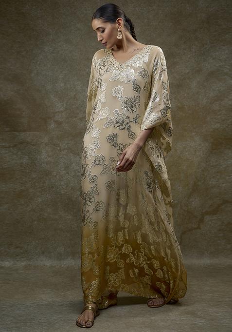 Beige Mirror Work Georgette Kaftan Set