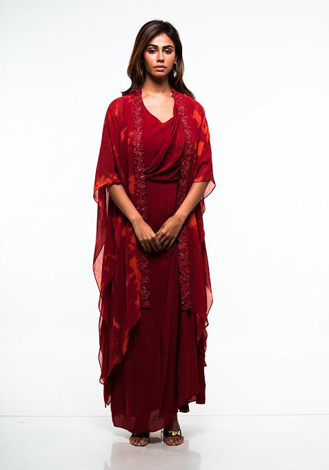 Rose Red Embroidered Cape Set