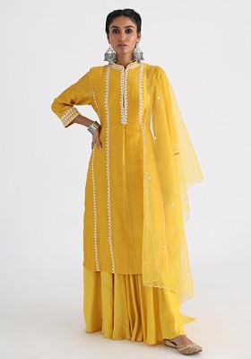 Yellow Hand Embroidered Bam Silk Sharara Set